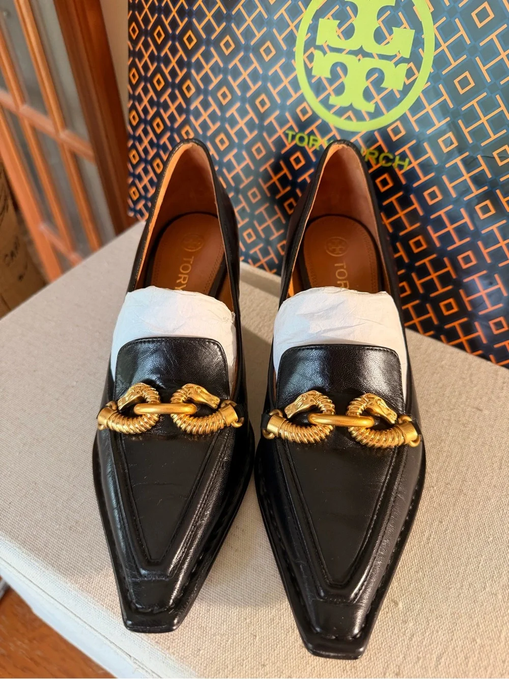 Tory Burch Black Leather Pointed Loafers with Gold Chain Accent